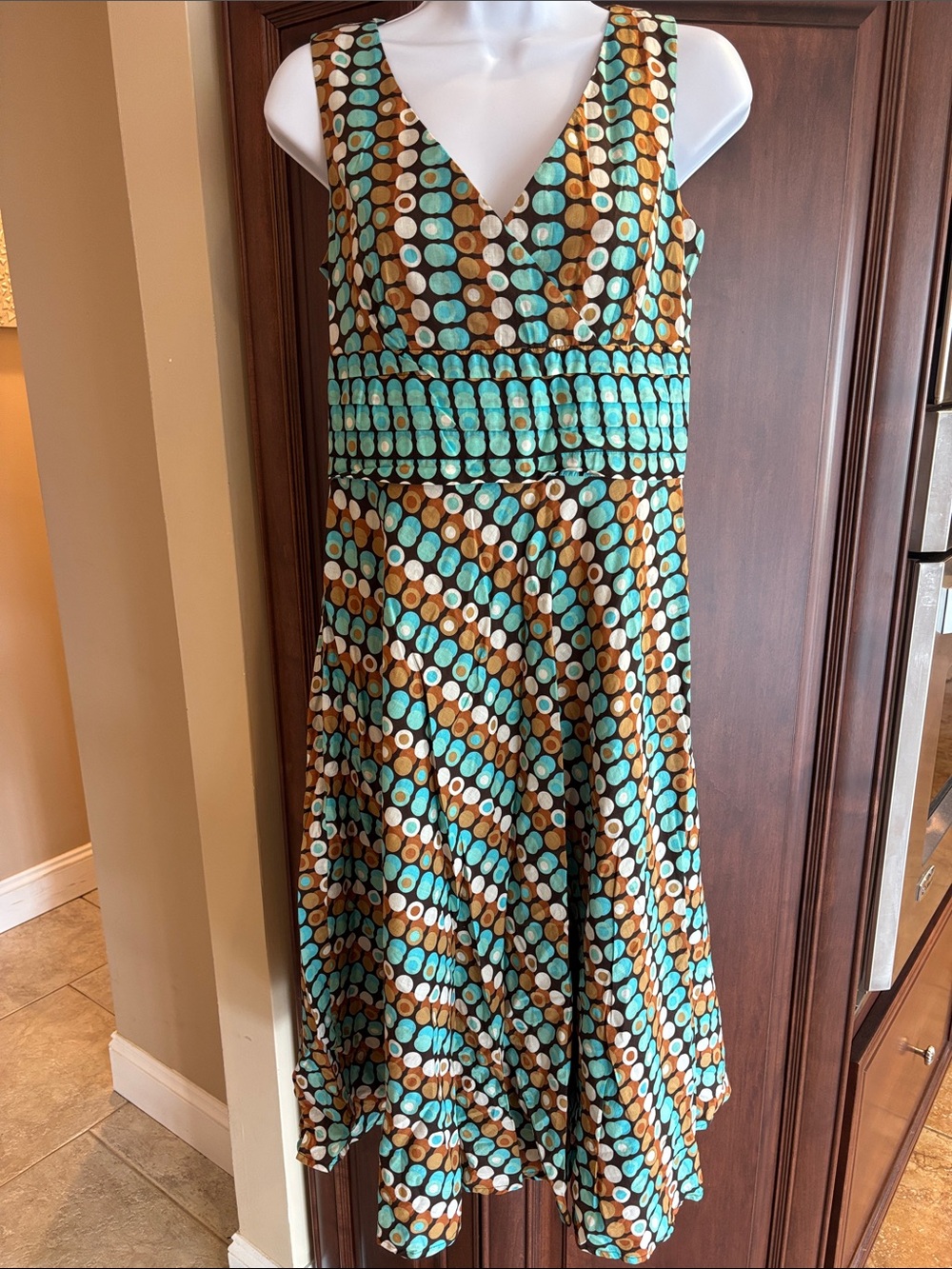 Sandra Darren Teal, Brown & White Polka Dot V-Neck Casual Dress